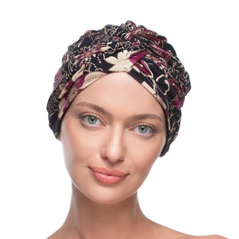 Warm black turban with a front knot in GEM flowers