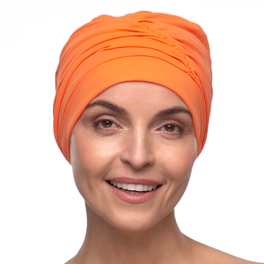 Light and comfortable orange bath turban with decorative draping AQUA #308.
