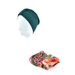Turban with two scarves in a set, classic pattern in bottle green LAURA # BM13