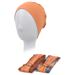 A multi-piece turban set and two decorative headbands with a metal buckle in orange NICOLA # B128.