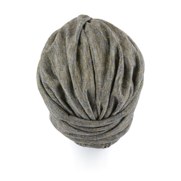 Ruched turban with a crossed front in grey with a subtle gold pattern GALAXY