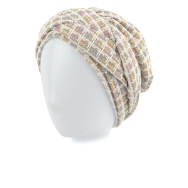 Tweed beige turban for autumn/winter with multi-coloured stitching by MADAME.