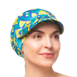 Turban with a peak and back tie in turquoise, navy blue, and yellow pattern PALERMO # Q-404