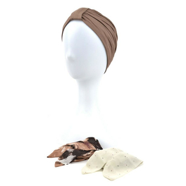 Brown turban set with two patterned scarves ZANZIBAR # B17
