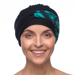 Double-sided black turban with turquoise pattern LEAH # BM05/2233b