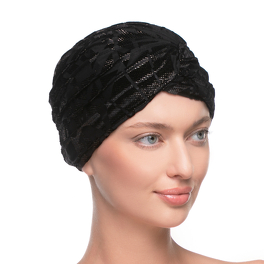 Warm black and silver turban with a decorative knot at the front GLAMOUR*