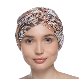 Secret Garden turban in traditional beige-brown-orange design.