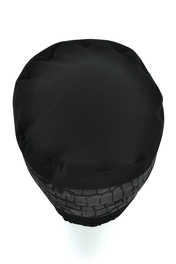 Elegant black turban with decorative woven fabric featuring AMY BLACK print.