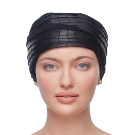 Elegant black turban with decorative woven fabric featuring AMY BLACK print.