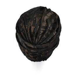 Elegant pleated turban with a front knot in black with a gold pattern GALA