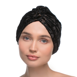 Elegant pleated turban with a front knot in black with a gold pattern GALA