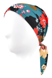 Lightweight turban made of a soft material with short strings to tie at the back of the head, featuring a colourful daisy pattern. # T-15*