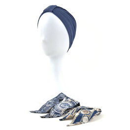 Navy blue turban set with two patterned scarves ZANZIBAR # B31