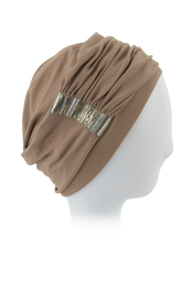 Beige cappuccino turban with metallic embellishment HOLLYWOOD # B17+A16
