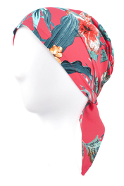 Red turban with short ties to tie at the back of the head with daisies and flowers design.