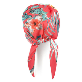 Red turban with short ties to tie at the back of the head with daisies and flowers design.