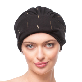 Ruched black turban with gold print JAVA # F064B+B21