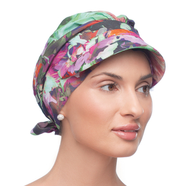 Lightweight everyday turban with floral pattern CROCUS and a brim # T-374