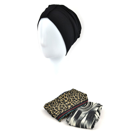 Turban with Two Scarves Set in Classic Black Pattern LAURA # BM05