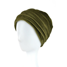 Two-layer velour turban with decorative draping in olive green LONDON # VS/3*