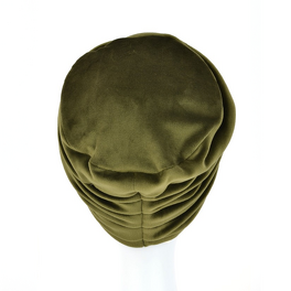 Two-layer velour turban with decorative draping in olive green LONDON # VS/3*
