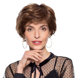 Synthetic hair wig in medium brown with subtle highlights and a natural root BERYL #5/14/4R.