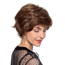 Synthetic hair wig in medium brown with subtle highlights and a natural root BERYL #5/14/4R.