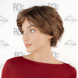 Synthetic hair wig in medium brown with subtle highlights and a natural root BERYL #5/14/4R.